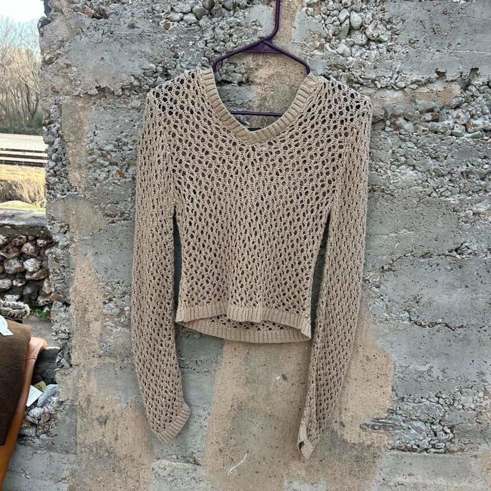 Womens Vintage Y2k metallic knit hooded sweater Sz M beach Boho resort Summer